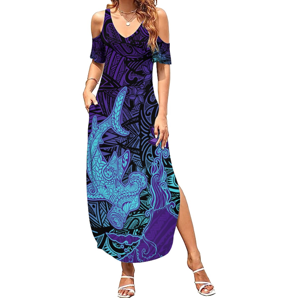 Hawaiian Volcano and Shark Summer Maxi Dress Polynesian and Hibiscus Pattern Purple Cyan Gradient