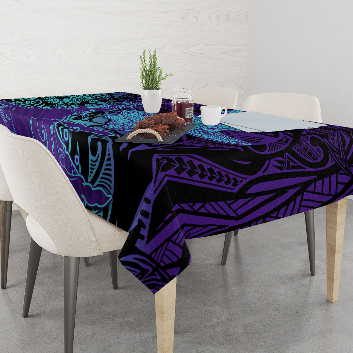 Hawaiian Volcano and Shark Tablecloth Polynesian and Hibiscus Pattern Purple Cyan Gradient