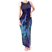 Hawaiian Volcano and Shark Tank Maxi Dress Polynesian and Hibiscus Pattern Purple Cyan Gradient