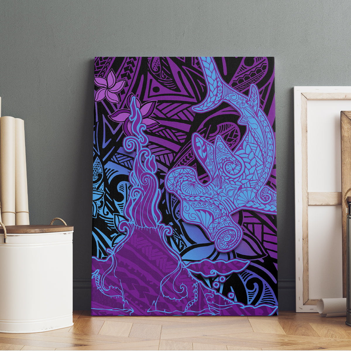 Hawaiian Volcano and Shark Canvas Wall Art Polynesian and Hibiscus Pattern Violet Gradient