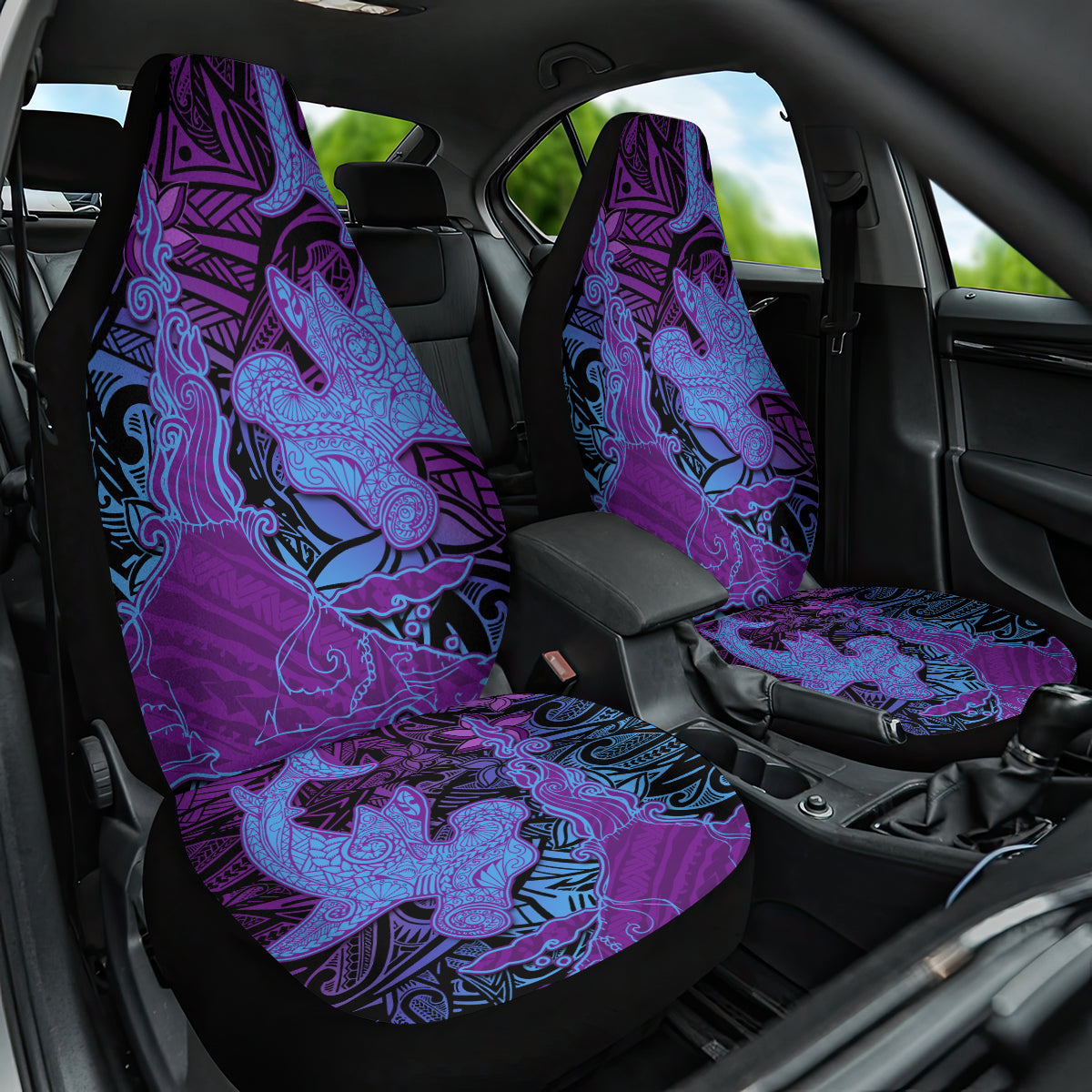 Hawaiian Volcano and Shark Car Seat Cover Polynesian and Hibiscus Pattern Violet Gradient LT03 One Size Violet - Polynesian Pride