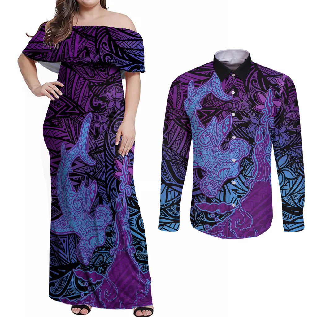 Hawaiian Volcano and Shark Couples Matching Off Shoulder Maxi Dress and Long Sleeve Button Shirt Polynesian and Hibiscus Pattern Violet Gradient