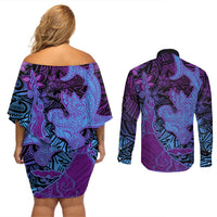 Hawaiian Volcano and Shark Couples Matching Off Shoulder Short Dress and Long Sleeve Button Shirt Polynesian and Hibiscus Pattern Violet Gradient