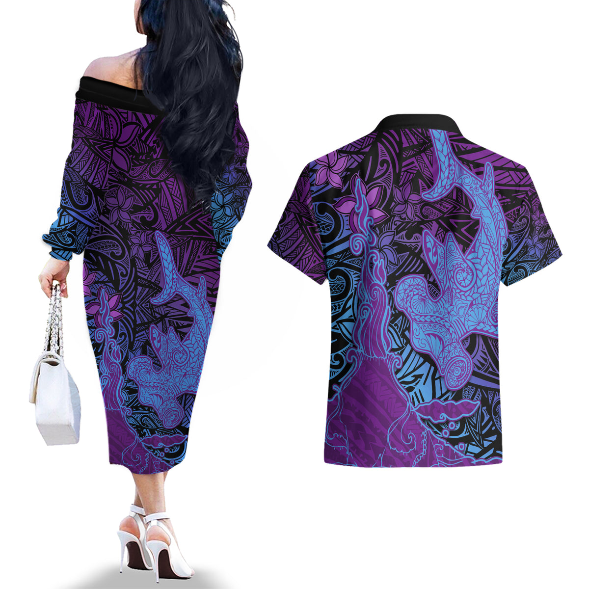 Hawaiian Volcano and Shark Couples Matching Off The Shoulder Long Sleeve Dress and Hawaiian Shirt Polynesian and Hibiscus Pattern Violet Gradient