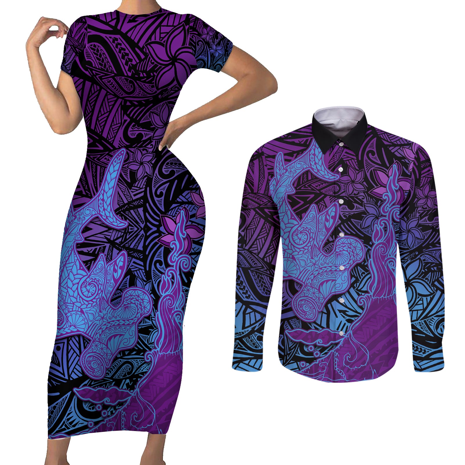 Hawaiian Volcano and Shark Couples Matching Short Sleeve Bodycon Dress and Long Sleeve Button Shirt Polynesian and Hibiscus Pattern Violet Gradient