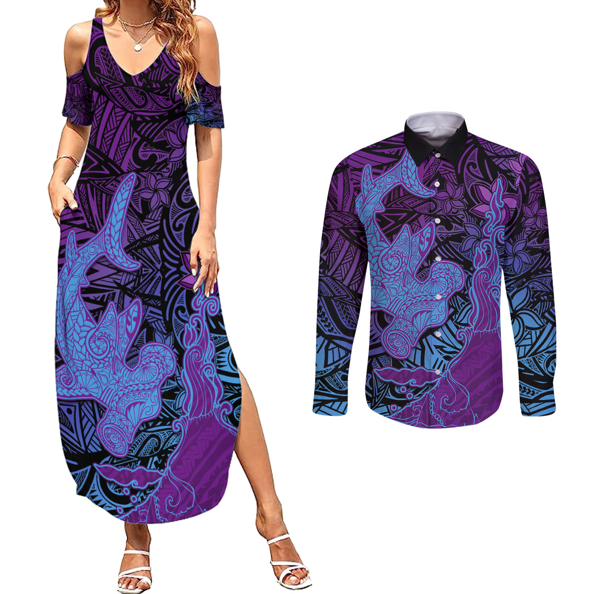 Hawaiian Volcano and Shark Couples Matching Summer Maxi Dress and Long Sleeve Button Shirt Polynesian and Hibiscus Pattern Violet Gradient