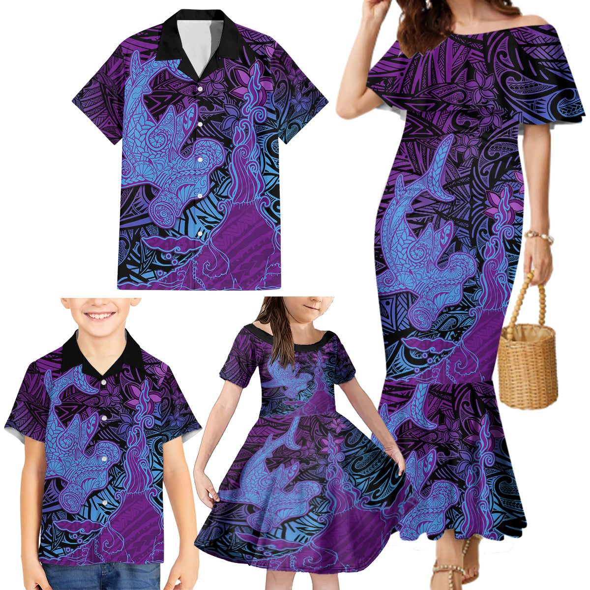 Hawaiian Volcano and Shark Family Matching Mermaid Dress and Hawaiian Shirt Polynesian and Hibiscus Pattern Violet Gradient LT03 - Polynesian Pride