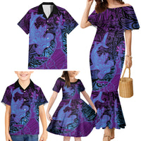 Hawaiian Volcano and Shark Family Matching Mermaid Dress and Hawaiian Shirt Polynesian and Hibiscus Pattern Violet Gradient LT03 - Polynesian Pride