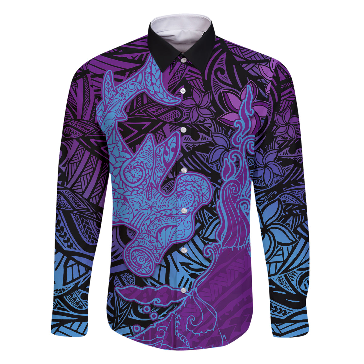 Hawaiian Volcano and Shark Family Matching Mermaid Dress and Hawaiian Shirt Polynesian and Hibiscus Pattern Violet Gradient LT03 Dad's Shirt - Long Sleeve Violet - Polynesian Pride