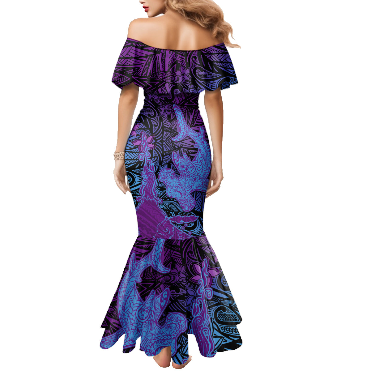 Hawaiian Volcano and Shark Family Matching Mermaid Dress and Hawaiian Shirt Polynesian and Hibiscus Pattern Violet Gradient LT03 - Polynesian Pride