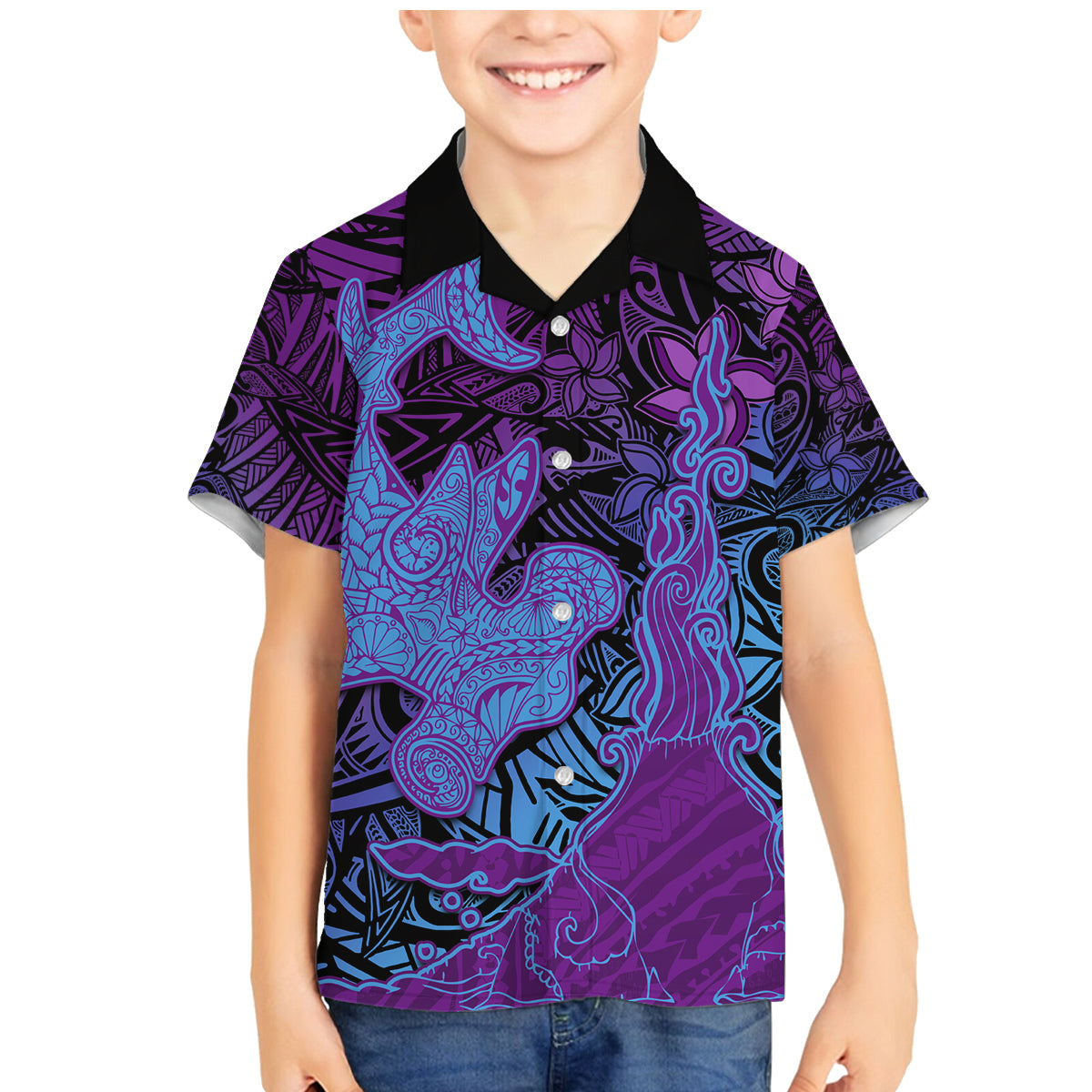 Hawaiian Volcano and Shark Family Matching Mermaid Dress and Hawaiian Shirt Polynesian and Hibiscus Pattern Violet Gradient LT03 Son's Shirt Violet - Polynesian Pride