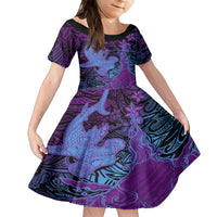 Hawaiian Volcano and Shark Family Matching Off Shoulder Maxi Dress and Hawaiian Shirt Polynesian and Hibiscus Pattern Violet Gradient LT03 Daughter's Dress Violet - Polynesian Pride