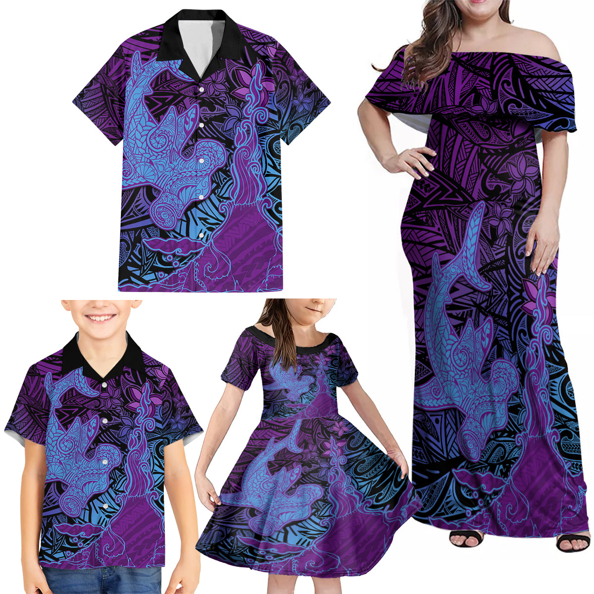Hawaiian Volcano and Shark Family Matching Off Shoulder Maxi Dress and Hawaiian Shirt Polynesian and Hibiscus Pattern Violet Gradient LT03 - Polynesian Pride