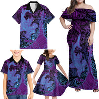 Hawaiian Volcano and Shark Family Matching Off Shoulder Maxi Dress and Hawaiian Shirt Polynesian and Hibiscus Pattern Violet Gradient LT03 - Polynesian Pride