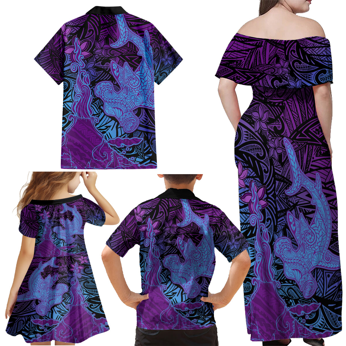 Hawaiian Volcano and Shark Family Matching Off Shoulder Maxi Dress and Hawaiian Shirt Polynesian and Hibiscus Pattern Violet Gradient LT03 - Polynesian Pride