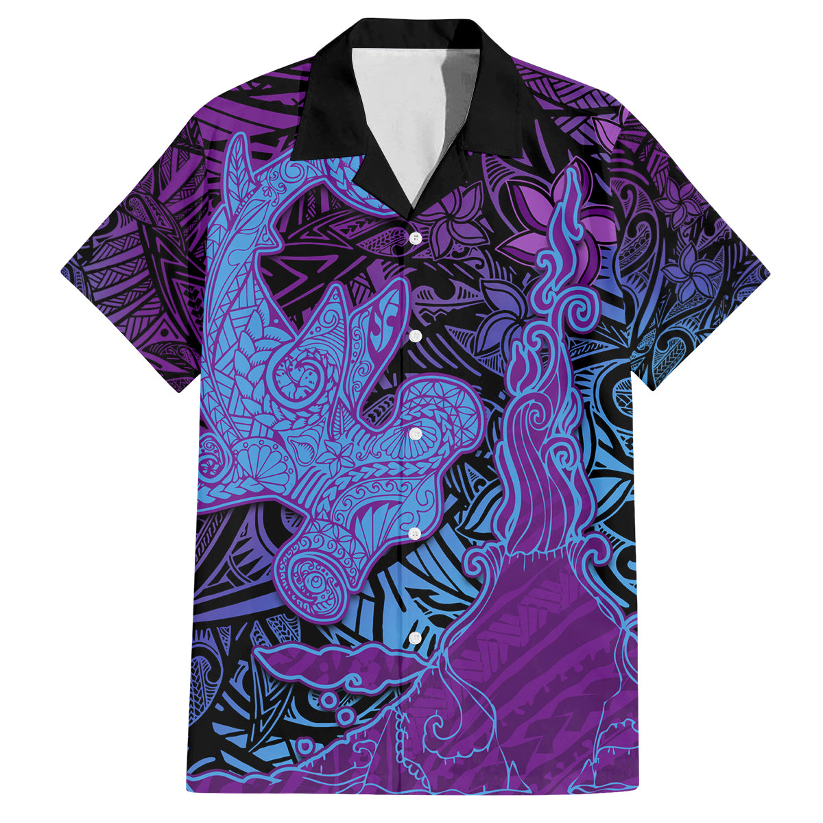 Hawaiian Volcano and Shark Family Matching Off Shoulder Maxi Dress and Hawaiian Shirt Polynesian and Hibiscus Pattern Violet Gradient LT03 Dad's Shirt - Short Sleeve Violet - Polynesian Pride