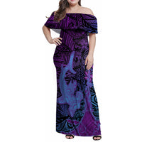 Hawaiian Volcano and Shark Family Matching Off Shoulder Maxi Dress and Hawaiian Shirt Polynesian and Hibiscus Pattern Violet Gradient LT03 Mom's Dress Violet - Polynesian Pride