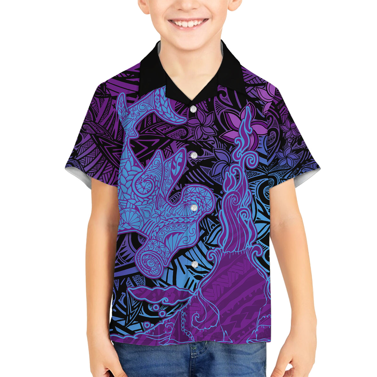Hawaiian Volcano and Shark Family Matching Off Shoulder Maxi Dress and Hawaiian Shirt Polynesian and Hibiscus Pattern Violet Gradient LT03 Son's Shirt Violet - Polynesian Pride