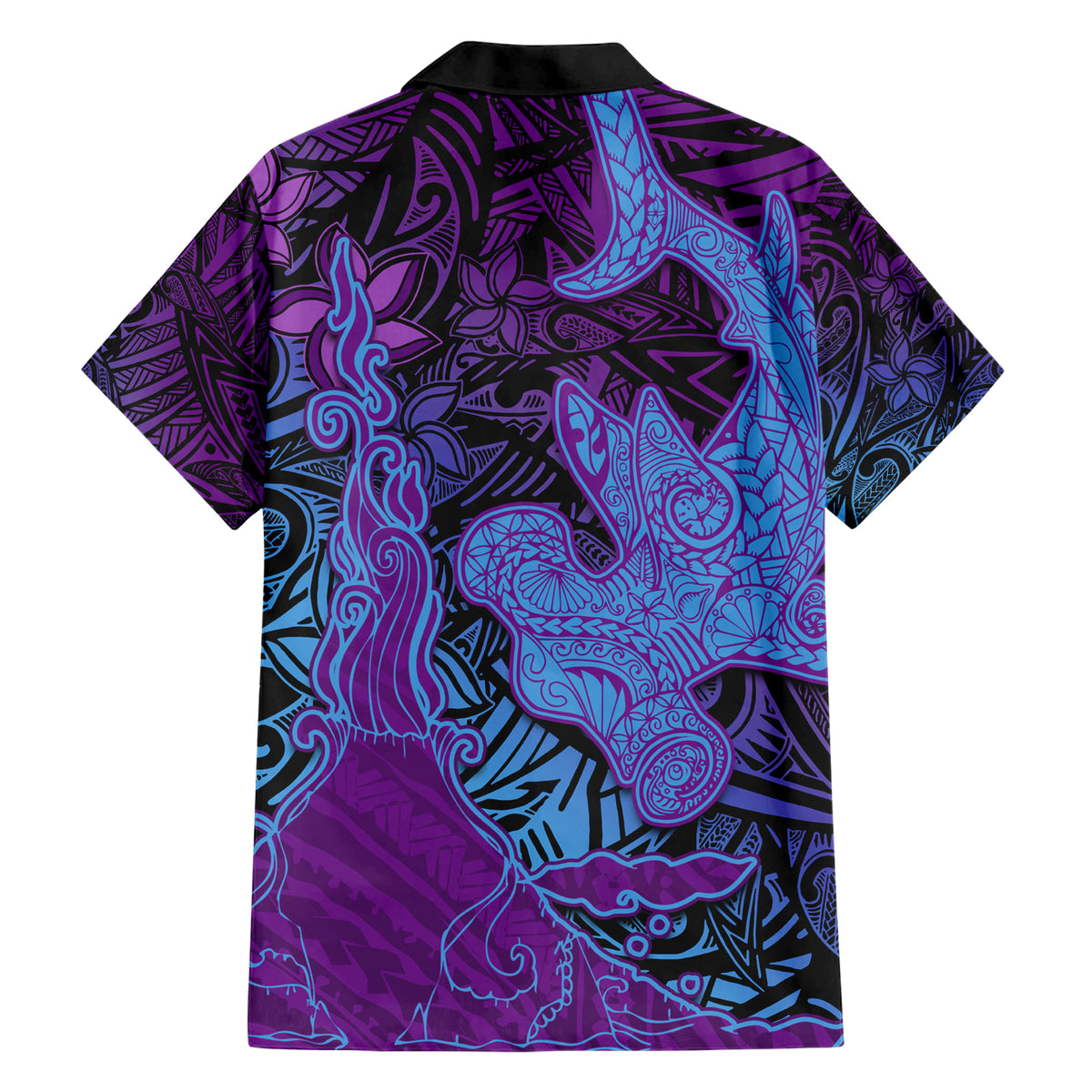 Hawaiian Volcano and Shark Family Matching Short Sleeve Bodycon Dress and Hawaiian Shirt Polynesian and Hibiscus Pattern Violet Gradient