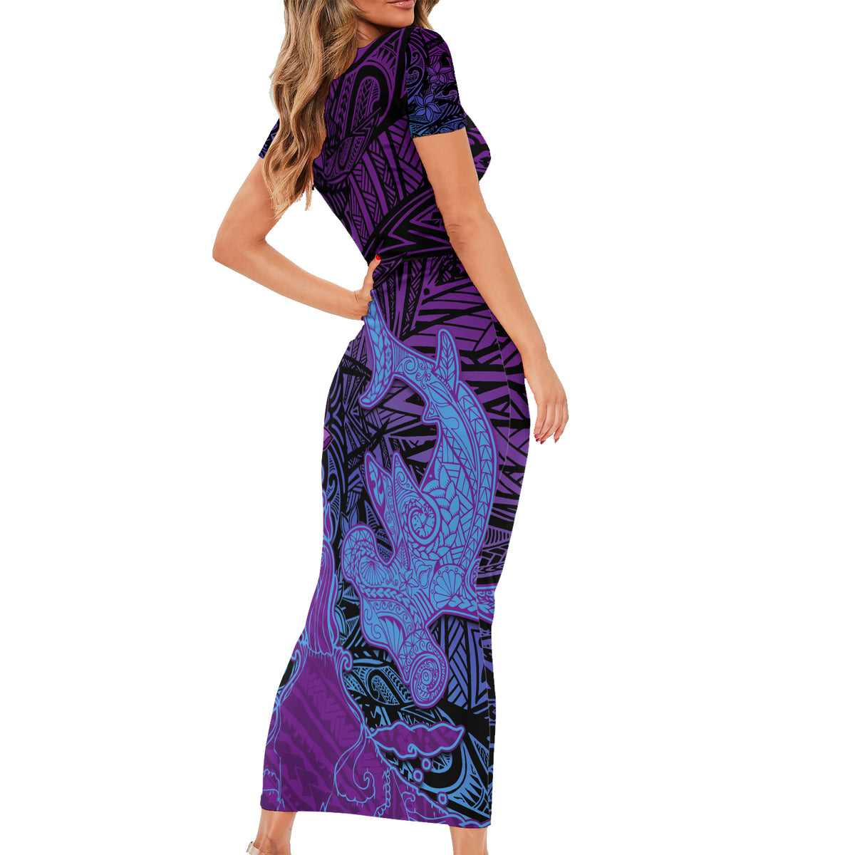 Hawaiian Volcano and Shark Family Matching Short Sleeve Bodycon Dress and Hawaiian Shirt Polynesian and Hibiscus Pattern Violet Gradient