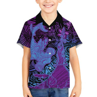 Hawaiian Volcano and Shark Hawaiian Shirt Polynesian and Hibiscus Pattern Violet Gradient
