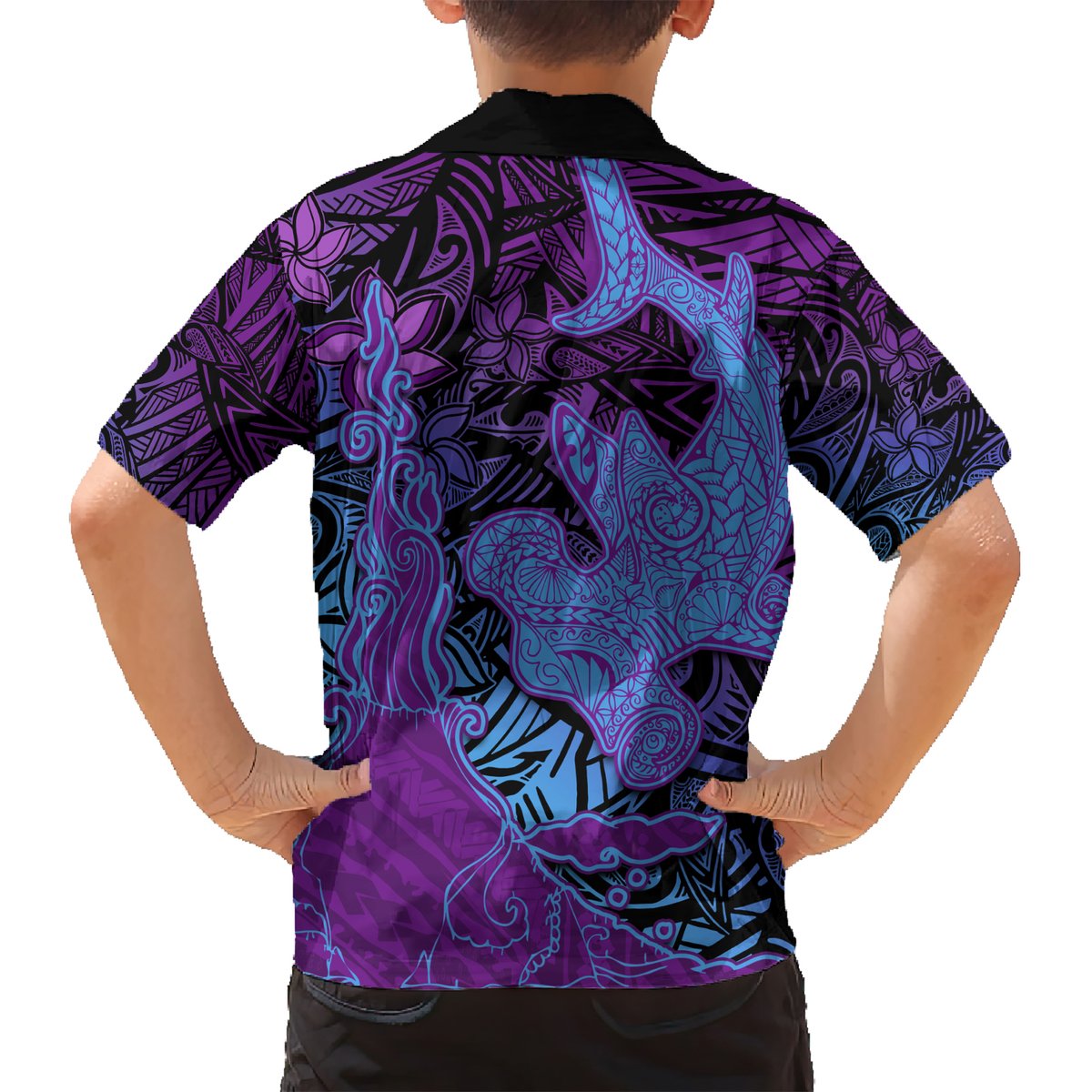 Hawaiian Volcano and Shark Hawaiian Shirt Polynesian and Hibiscus Pattern Violet Gradient