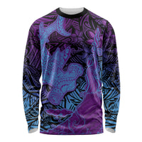 Hawaiian Volcano and Shark Long Sleeve Shirt Polynesian and Hibiscus Pattern Violet Gradient