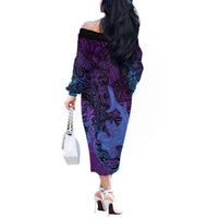 Hawaiian Volcano and Shark Off The Shoulder Long Sleeve Dress Polynesian and Hibiscus Pattern Violet Gradient LT03 - Polynesian Pride