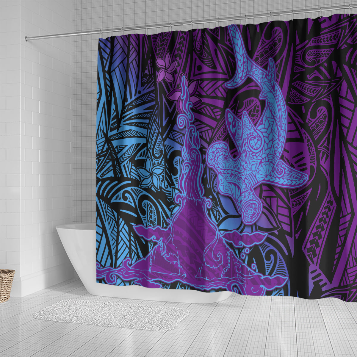 Hawaiian Volcano and Shark Shower Curtain Polynesian and Hibiscus Pattern Violet Gradient