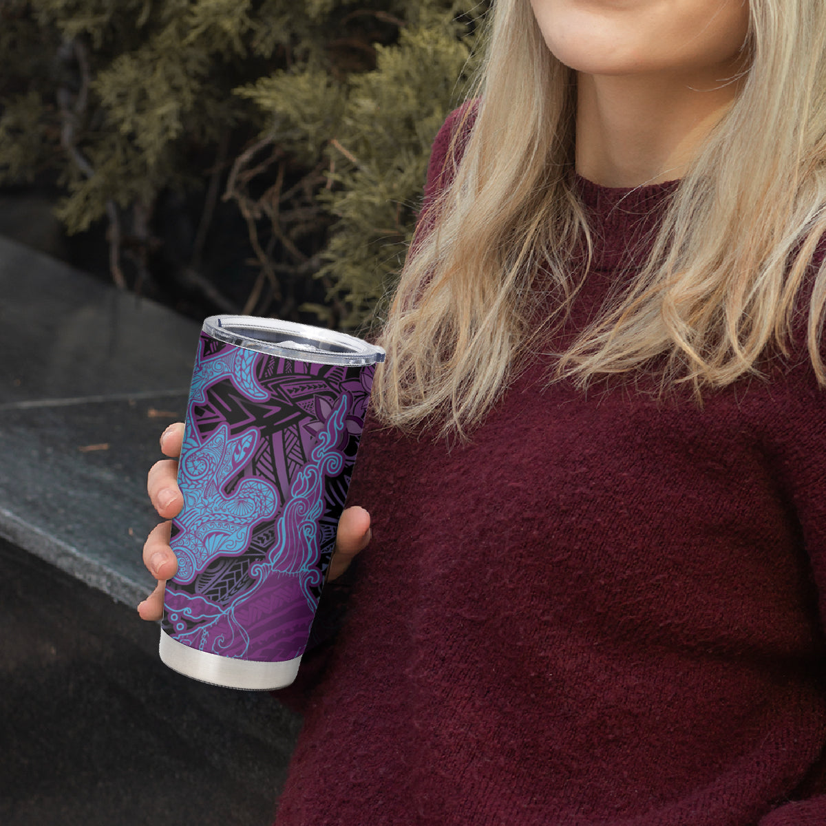 Hawaiian Volcano and Shark Tumbler Cup Polynesian and Hibiscus Pattern Violet Gradient