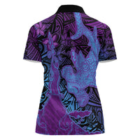 Hawaiian Volcano and Shark Women Polo Shirt Polynesian and Hibiscus Pattern Violet Gradient