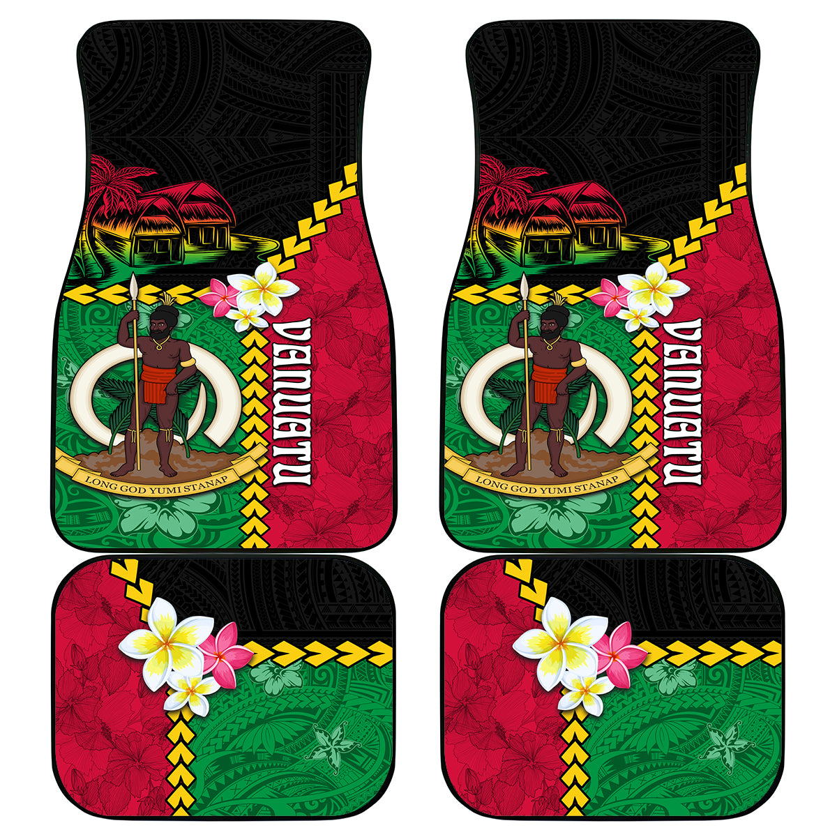 Vanuatu Nakamal and Plumeria Flowers Car Mats Polynesian Pattern LT03 - Polynesian Pride