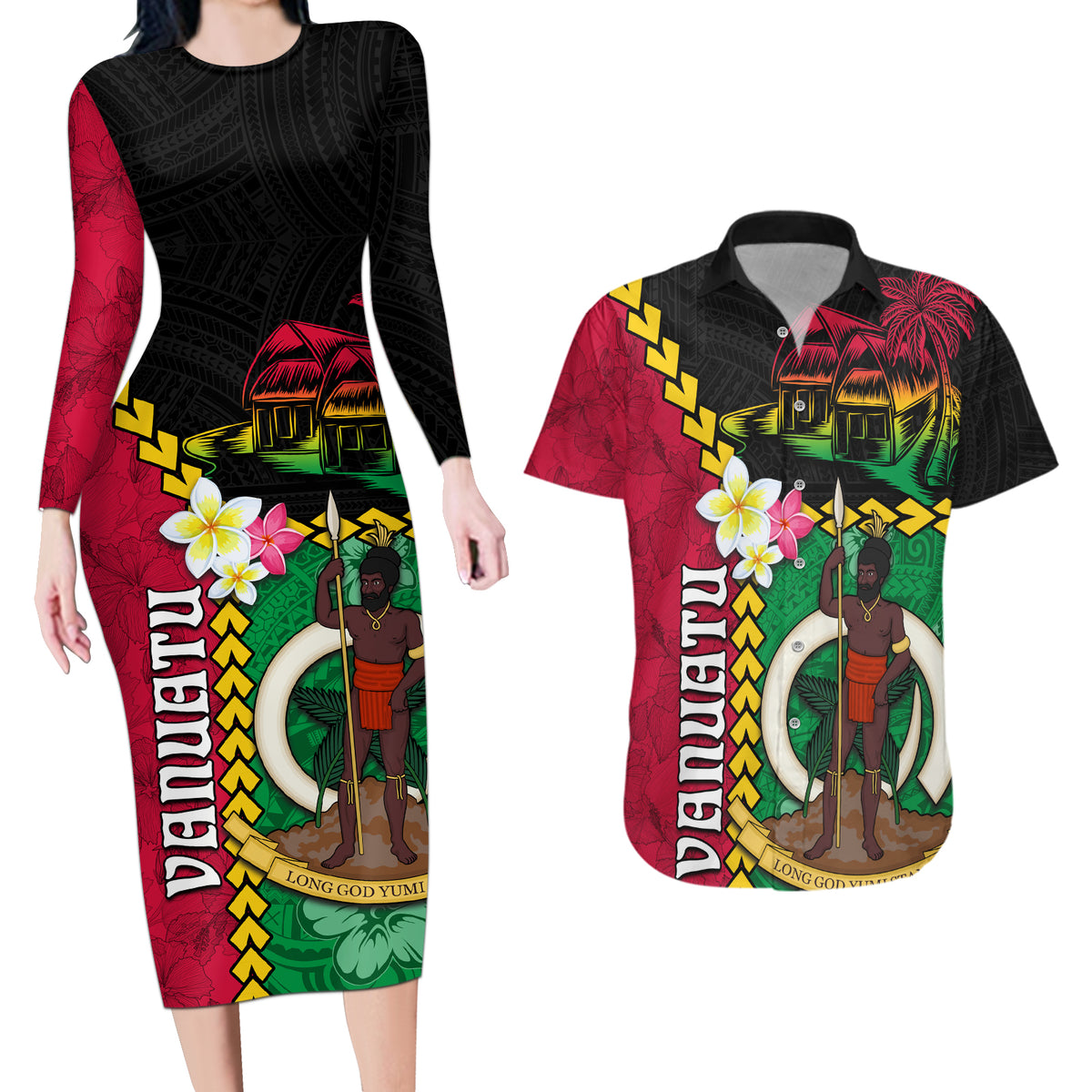 Vanuatu Nakamal and Plumeria Flowers Couples Matching Long Sleeve Bodycon Dress and Hawaiian Shirt Polynesian Pattern LT03 Black - Polynesian Pride