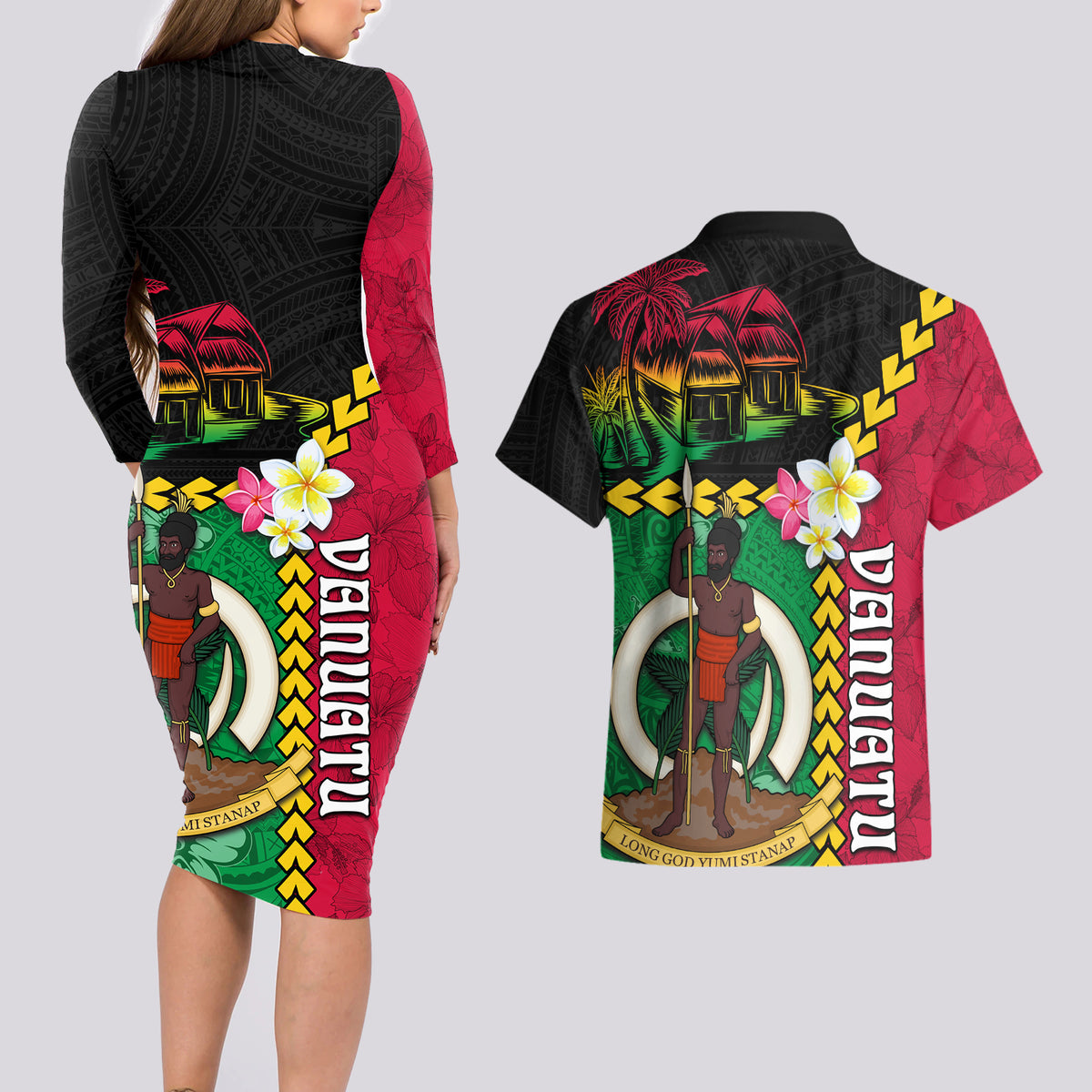 Vanuatu Nakamal and Plumeria Flowers Couples Matching Long Sleeve Bodycon Dress and Hawaiian Shirt Polynesian Pattern LT03 - Polynesian Pride