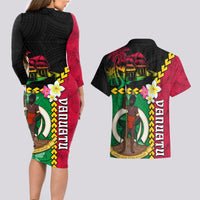Vanuatu Nakamal and Plumeria Flowers Couples Matching Long Sleeve Bodycon Dress and Hawaiian Shirt Polynesian Pattern LT03 - Polynesian Pride