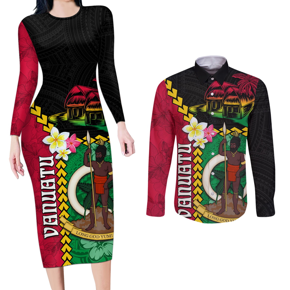 Vanuatu Nakamal and Plumeria Flowers Couples Matching Long Sleeve Bodycon Dress and Long Sleeve Button Shirt Polynesian Pattern LT03 Black - Polynesian Pride