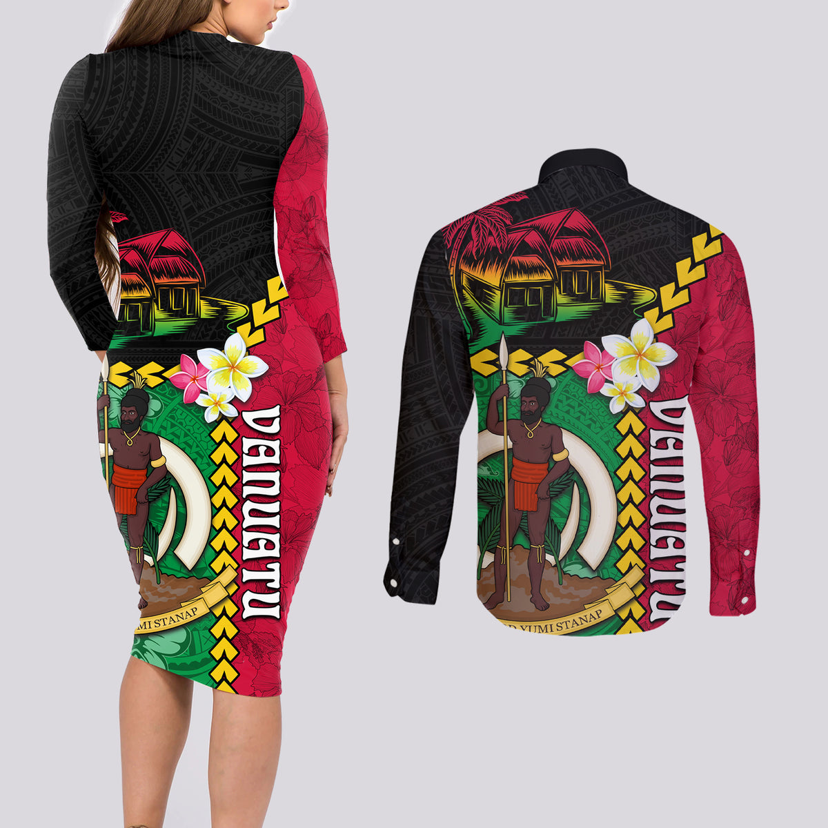 Vanuatu Nakamal and Plumeria Flowers Couples Matching Long Sleeve Bodycon Dress and Long Sleeve Button Shirt Polynesian Pattern LT03 - Polynesian Pride
