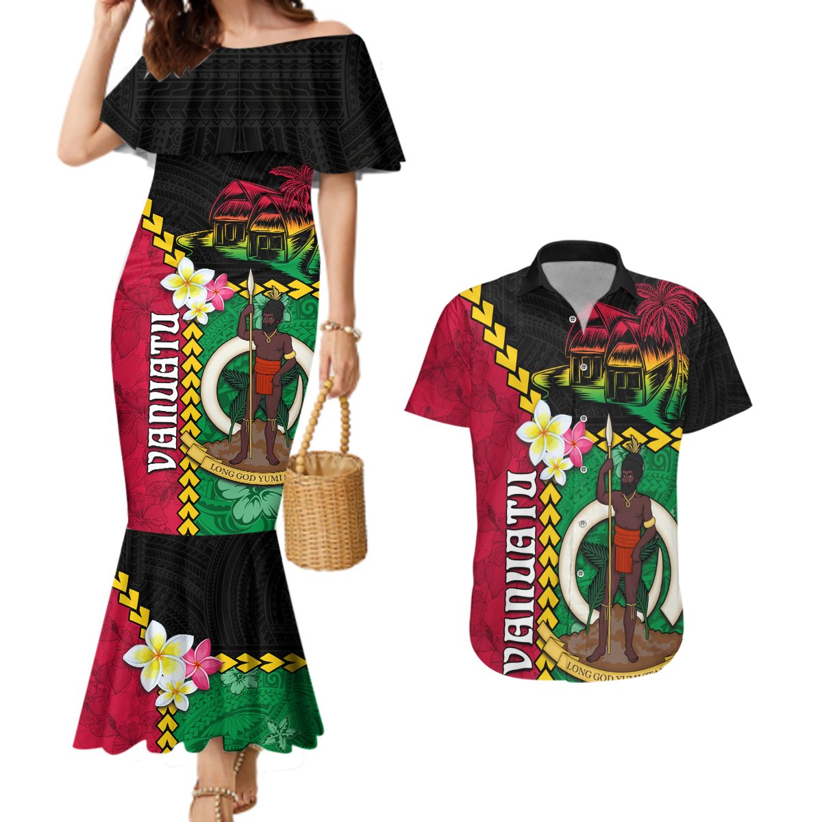 Vanuatu Nakamal and Plumeria Flowers Couples Matching Mermaid Dress and Hawaiian Shirt Polynesian Pattern LT03 Black - Polynesian Pride