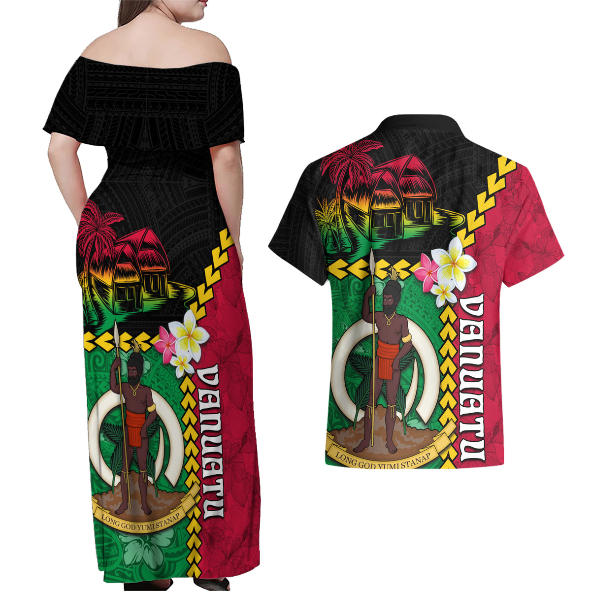 Vanuatu Nakamal and Plumeria Flowers Couples Matching Off Shoulder Maxi Dress and Hawaiian Shirt Polynesian Pattern LT03 - Polynesian Pride
