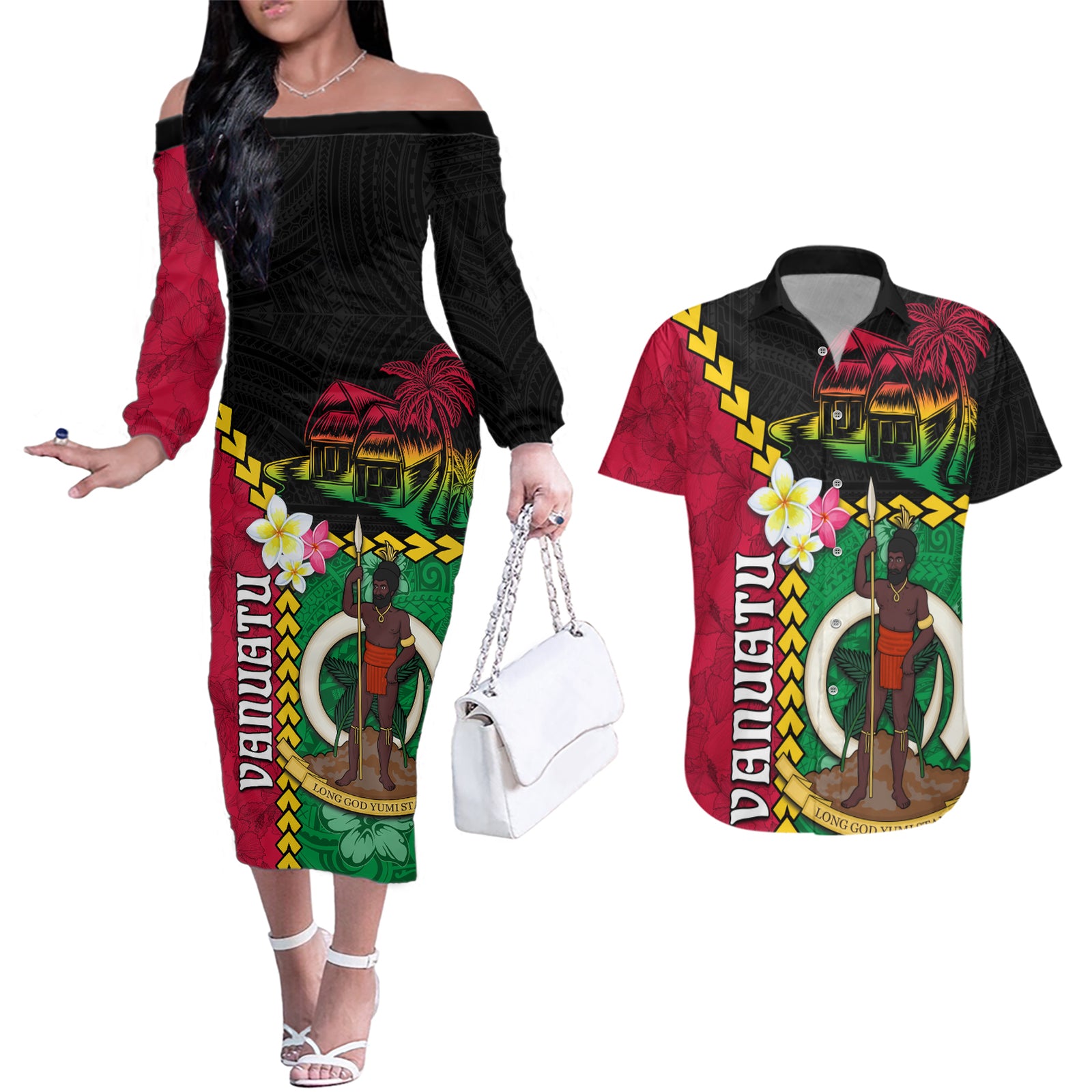 Vanuatu Nakamal and Plumeria Flowers Couples Matching Off The Shoulder Long Sleeve Dress and Hawaiian Shirt Polynesian Pattern