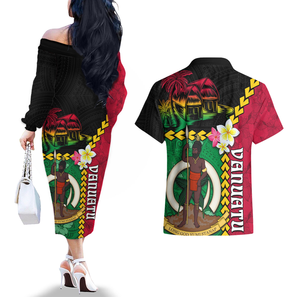 Vanuatu Nakamal and Plumeria Flowers Couples Matching Off The Shoulder Long Sleeve Dress and Hawaiian Shirt Polynesian Pattern LT03 - Polynesian Pride