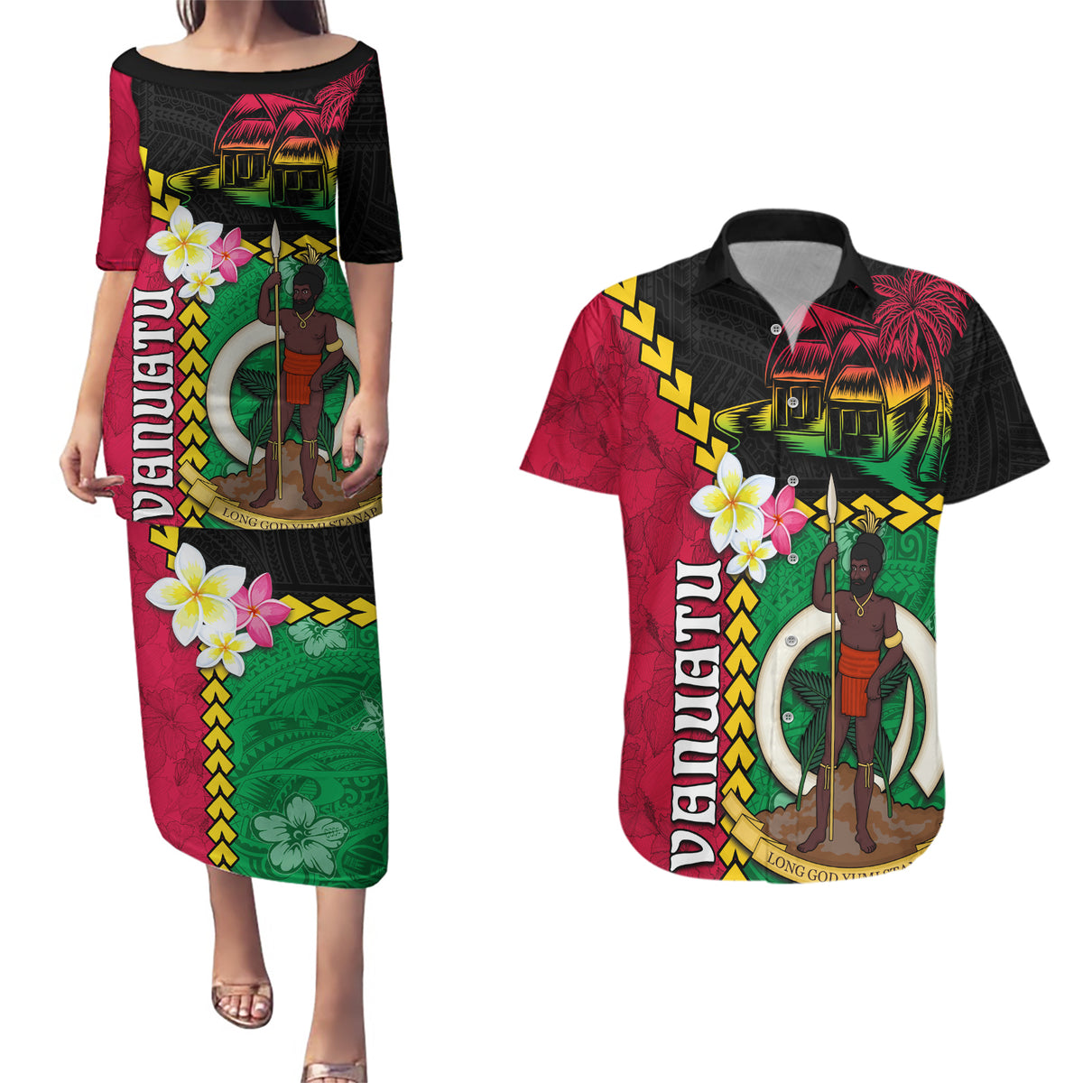 Vanuatu Nakamal and Plumeria Flowers Couples Matching Puletasi and Hawaiian Shirt Polynesian Pattern