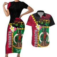 Vanuatu Nakamal and Plumeria Flowers Couples Matching Short Sleeve Bodycon Dress and Hawaiian Shirt Polynesian Pattern LT03 Black - Polynesian Pride