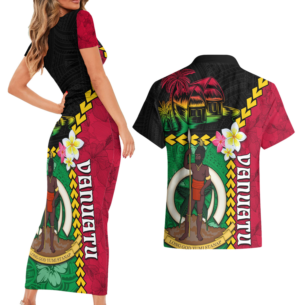 Vanuatu Nakamal and Plumeria Flowers Couples Matching Short Sleeve Bodycon Dress and Hawaiian Shirt Polynesian Pattern LT03 - Polynesian Pride