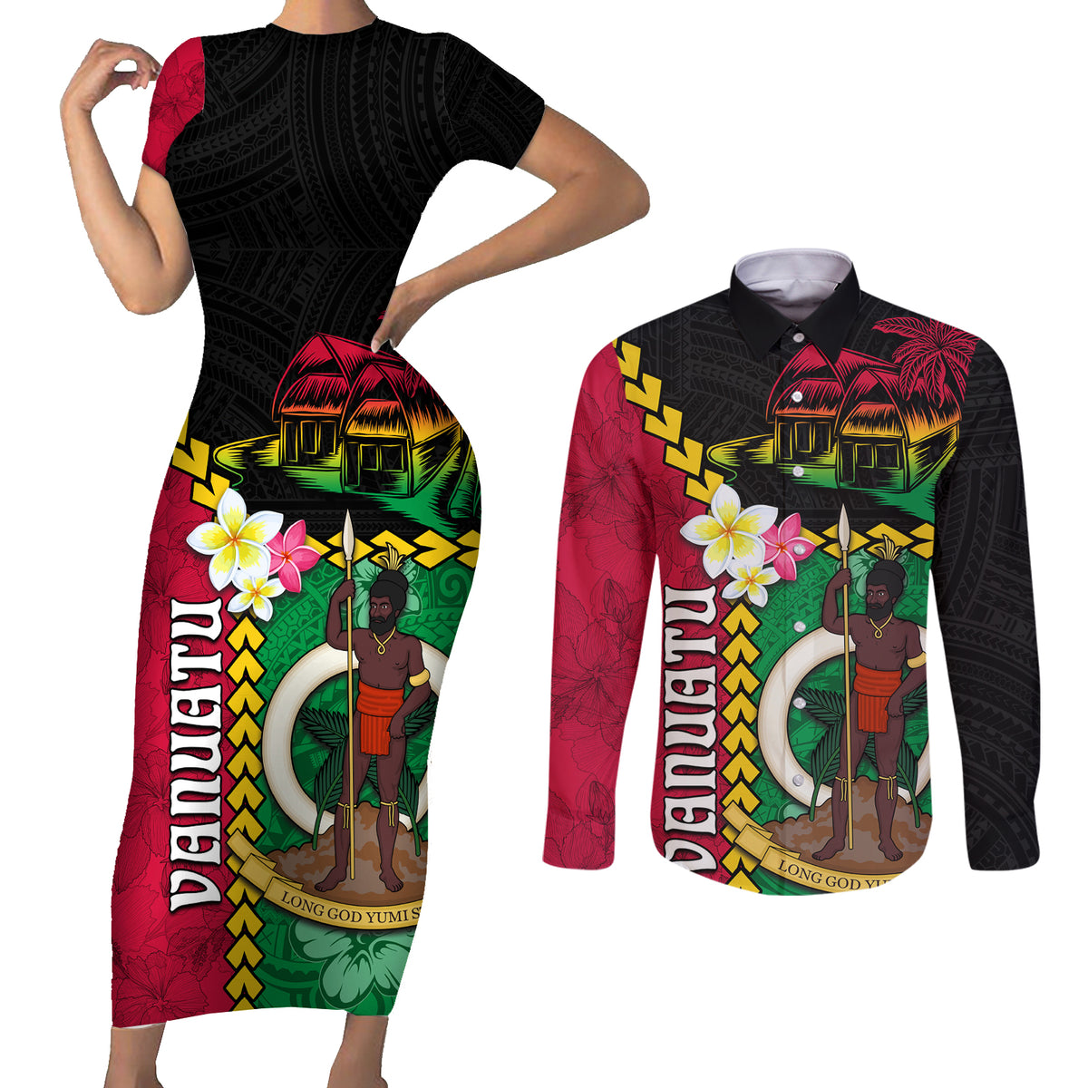 Vanuatu Nakamal and Plumeria Flowers Couples Matching Short Sleeve Bodycon Dress and Long Sleeve Button Shirt Polynesian Pattern LT03 Black - Polynesian Pride