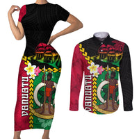 Vanuatu Nakamal and Plumeria Flowers Couples Matching Short Sleeve Bodycon Dress and Long Sleeve Button Shirt Polynesian Pattern LT03 Black - Polynesian Pride
