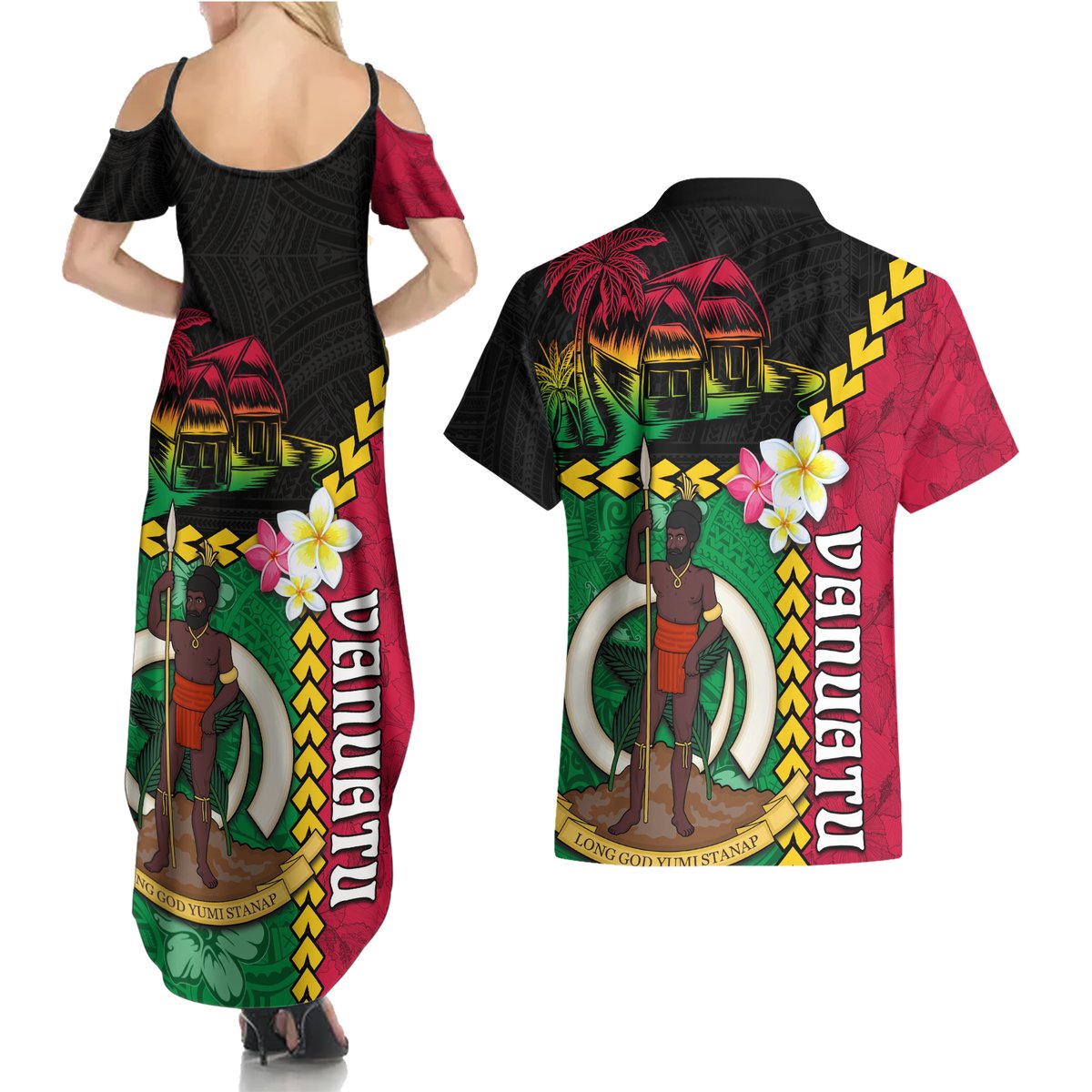 Vanuatu Nakamal and Plumeria Flowers Couples Matching Summer Maxi Dress and Hawaiian Shirt Polynesian Pattern LT03 - Polynesian Pride