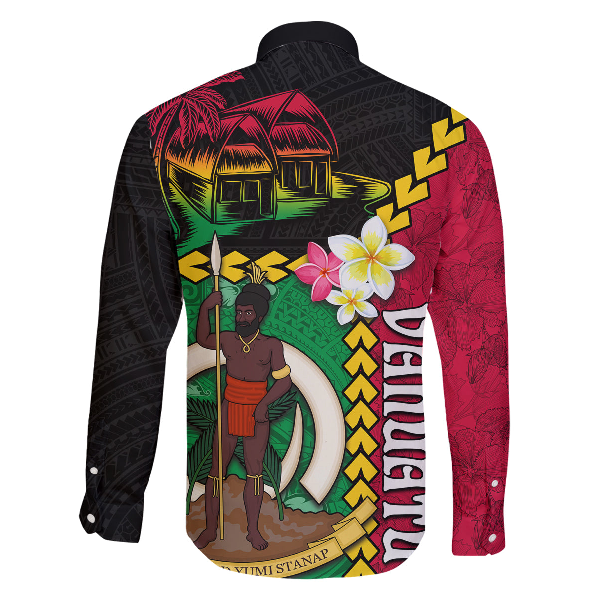 Vanuatu Nakamal and Plumeria Flowers Family Matching Long Sleeve Bodycon Dress and Hawaiian Shirt Polynesian Pattern LT03 - Polynesian Pride