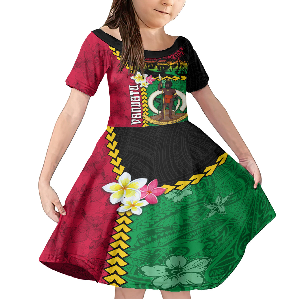 Vanuatu Nakamal and Plumeria Flowers Family Matching Mermaid Dress and Hawaiian Shirt Polynesian Pattern LT03 Daughter's Dress Black - Polynesian Pride