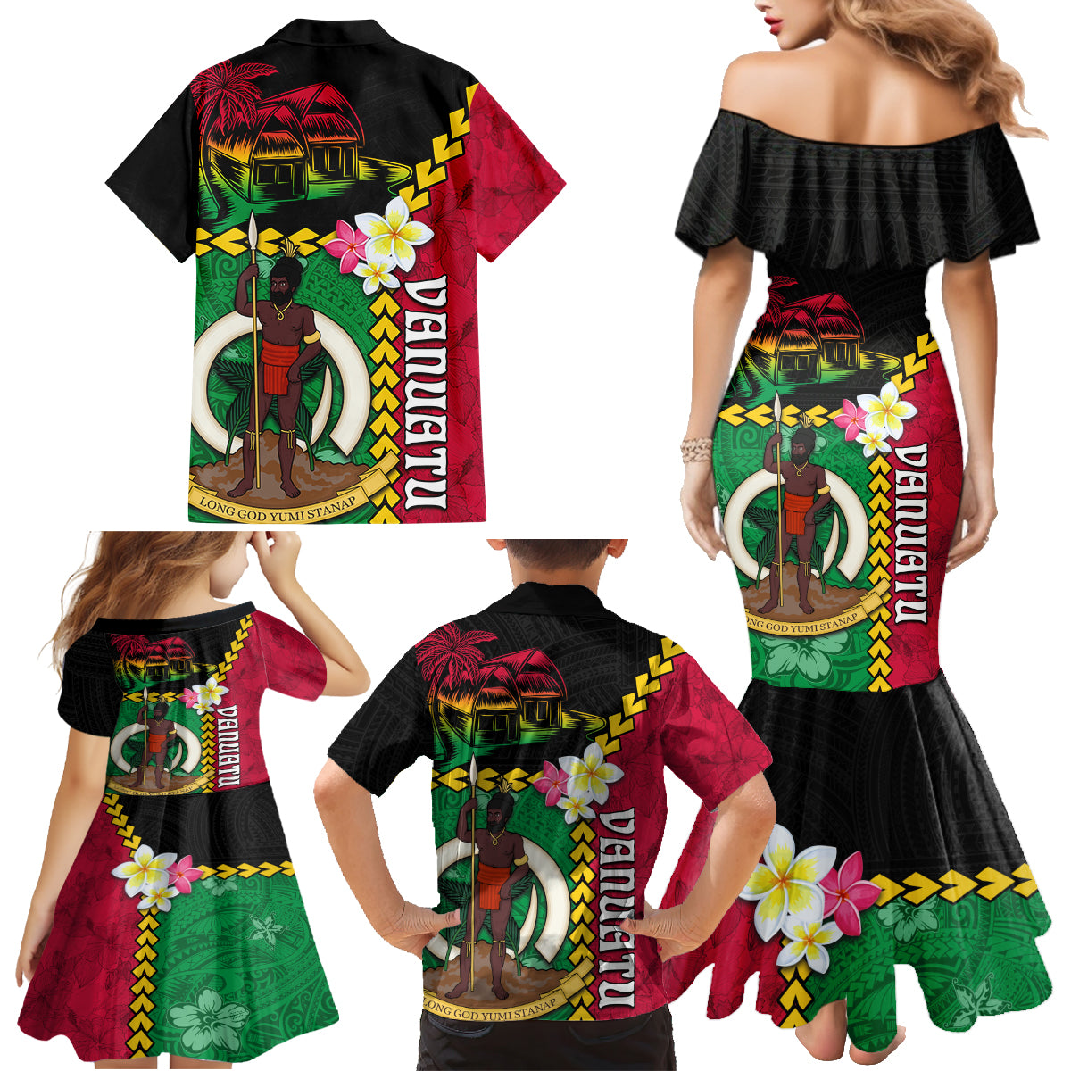 Vanuatu Nakamal and Plumeria Flowers Family Matching Mermaid Dress and Hawaiian Shirt Polynesian Pattern LT03 - Polynesian Pride